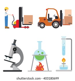Cargo delivery chemical lab equipment microscope test tube flask fire heater. Flat style icon set.
