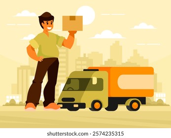 Cargo delivery concept. Delivery man with parcel. Smiling male courier holding paper box. Express delivery concept.. Blue truck vehicle with yellow body. Cityscape. Sunset or sunrise