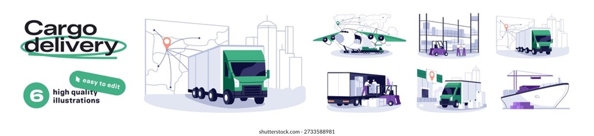 Cargo delivery concept. Set of transport to deliver freight. Shipment with forklifts, trucks, ships and aircraft. International logistics service. Flat isolated vector illustrations on white