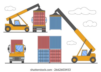 Cargo delivery. Container terminal. Vector illustration.