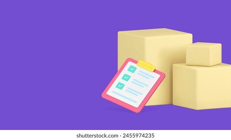 Entrega de carga distribución servicio logístico courier envío postal icono 3d Ilustración vectorial realista. Paquete de carga caja de cartón de franqueo hecho Portapapeles en línea pedido de compra transporte