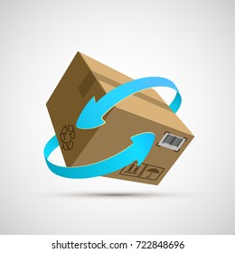 Cargo delivery. Free and fast freight transportation around the world. Icon cardboard box with arrows. Parcels by mail. Stock vector illustration.