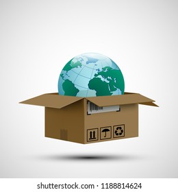 Cargo delivery. Icon cardboard box with planet earth inside. Stock vector illustration.