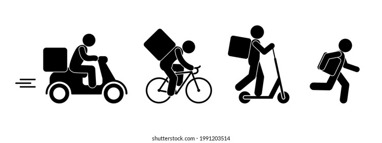 icono de entrega de carga, mensajero lleva un pedido, pedido de comida en línea, pictograma de hombre de figura de palo, motocicleta, bicicleta y ciclomotor, ilustración vectorial en blanco