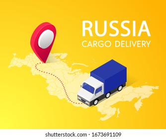 Cargo delivery isometric banner concept with text, pin, truck, Russia map on yellow background. Logistic service 3d design. Shipping vector illustration for web, mobile app, advert