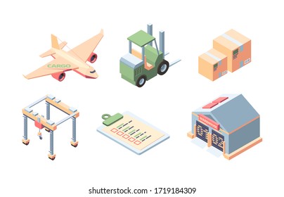 Cargo delivery isometric set. Express service of cargo deliveries by plane, shipment of parcels by forklift to a warehouse, filling out a declaration, moving by crane. Vector illustration.