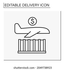 Icono de línea de entrega de carga. Cajón de metal grande por avión. Seguimiento de cajas y envío. Concepto de entrega. Ilustración vectorial aislada. Trazo editable