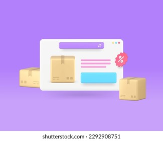 Cargo delivery postal parcel shipping internet browser web page sale discount 3d realistic vector illustration. Courier postage shipment transportation website logistic package online shopping order