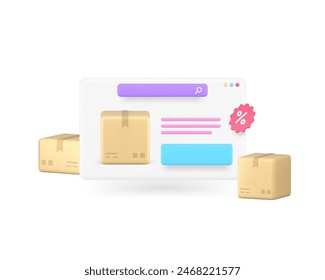 Cargo delivery postal parcel shipping internet browser web page sale discount 3d realistic vector illustration. Courier postage shipment transportation website logistic package online shopping order