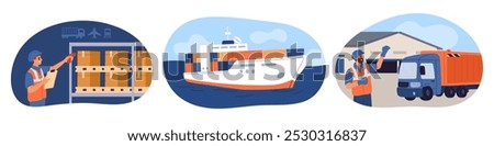 Cargo delivery scenes. Global logistics and transportation. Supply chain management. Control and shipping service. Boat with containers. Freight loading in warehouse