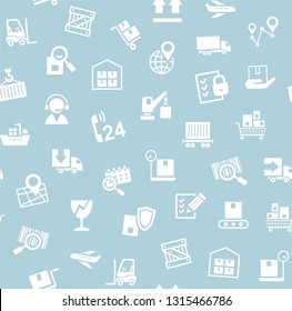 Cargo delivery, seamless pattern, blue, vector. Transportation and delivery of goods. White flat icons on gray-blue background. Vector flat seamless pattern. 