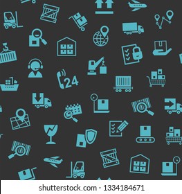 Cargo delivery, seamless pattern, color, gray, blue icons, vector. Cargo transportation and delivery of goods. Blue icons on a dark gray background. Vector flat seamless pattern.