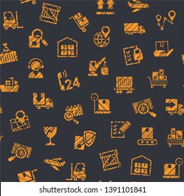 Cargo delivery, seamless pattern, color, pencil hatching, badges, gray and orange, vector. Cargo transportation and delivery of goods. Vector flat seamless pattern. Imitation of pencil hatching.  