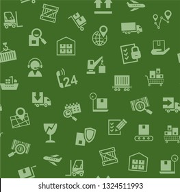 Cargo delivery, seamless pattern, green, color, vector. Cargo transportation and delivery of goods. Green icons on green background. Vector flat seamless pattern. 