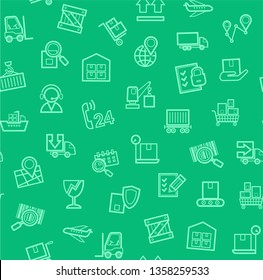 Cargo delivery, seamless pattern, green, color, contour lines, icons, vector. Cargo transportation and delivery of goods. Green line icons on green background. Vector flat seamless pattern 