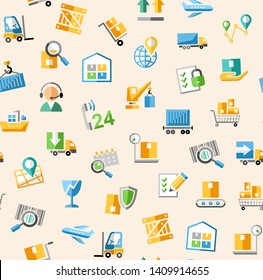 Cargo delivery, seamless pattern, icons, pink, light, color, vector. Cargo transportation and delivery of goods. Vector flat seamless pattern. Colored icons on pink background. 