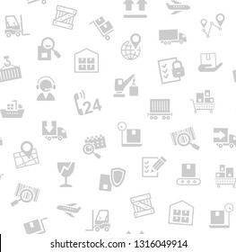 Cargo delivery, seamless pattern, white, vector. Transportation and delivery of goods. Gray flat icons on white background. Vector flat seamless pattern. 