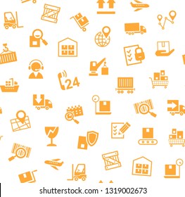 Cargo delivery, seamless pattern, white, orange, vector. Transportation and delivery of goods. Orange flat icons on white background. Vector flat seamless pattern.