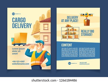 Cargo delivery service, postal company advertising brochure or flyer cartoon vector page template with happy smiling courier, lorry at house porch and drone or quad copter carrying parcel illustration