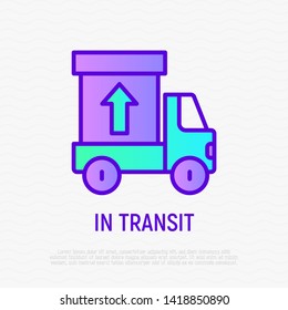 Cargo delivery service in transit thin gradient line icon: truck with box. Logo for logistic company. Modern vector illustration.