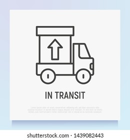 Cargo delivery service in transit thin gradient line icon: truck with box. Logo for logistic company. Modern vector illustration.