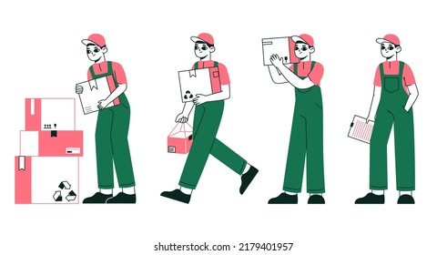Trabajadores del servicio de entrega de carga, mensajeros cargando paquetes. Ejemplo de fondo vectorial de los paquetes de entrega de los mensajeros de servicio de envío. Concepto de entrega