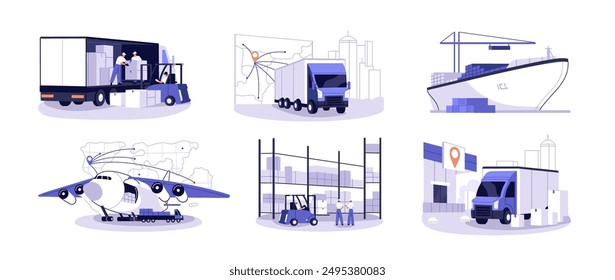 Juego de entrega de carga. Concepto de logística internacional. Transporte para el comercio de exportación e importación. Suministro, envío por camión, avión. Ilustraciones vectoriales aisladas planas sobre fondo blanco