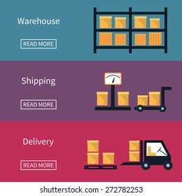 Cargo and delivery, shipping vector banner with box, frieght trucks and goods