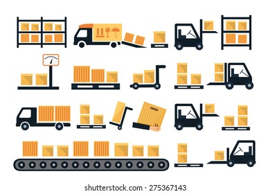 Carga y entrega, envío de iconos vectoriales con cajas, contenedores y camiones de carga