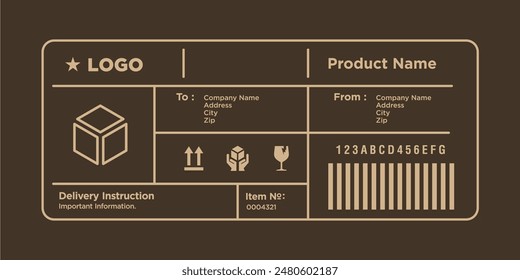 Cargo delivery sticker vector. Shipment label template. Delivery mockup. Fragile, handle icon. Information about company recipient. Vector illustration