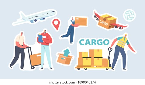 Cargo Delivery Stickers. Transportation Storage Logistic Concept. Worker Characters Delivering Freight to Recipients by Ground and Air. Postal or Logistics Service. Cartoon People Vector Illustration