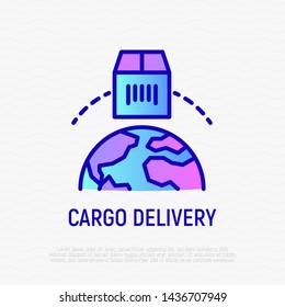 Cargo delivery thin line icon. Package moving around the globe. Logo for logistics. Modern vector illustration.