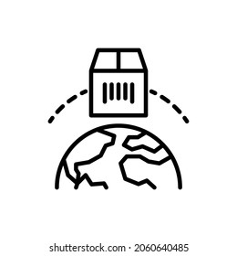 Cargo delivery thin line icon. Worldwide delivery. Package moving around the globe. Logo for logistics. Modern vector illustration.