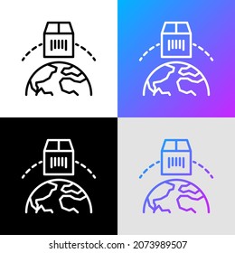 Ladeleitung dünne Linie Symbol. Weltweite Lieferung. Das Paket bewegt sich um den Globus. Logo für Logistik. Moderne Vektorgrafik.