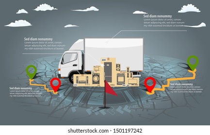 Cargo delivery truck infographic with stack of cardboard boxes. Navigation map and hud chart background. Vector illustration