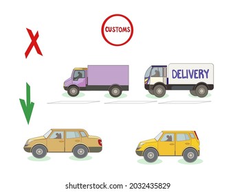 Cargo and Delivery vans at Customs near State border in Cartoon style, vector Cargo trucks and Cars on white isolated background for prints, cards, booklets, elements of design for websites and apps.