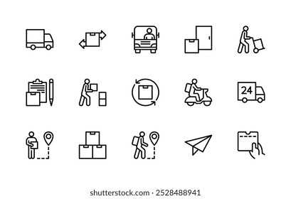 Cargo delivery vector linear icons set. Isolated icon collection such as delivery, customs, truck, box, international delivery, courier and more. Isolated icon collection of cargo delivery related.