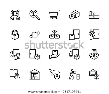 Cargo delivery vector linear icons set. Contains such icons as delivery, customs, cart, box, parcel, receipt, goods, courier and more. Isolated icon collection of cargo delivery on white background.