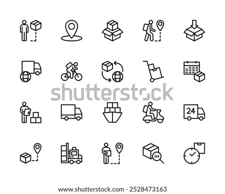 Cargo delivery vector linear icons set. Contains such icons as delivery, courier, destination, box, address, freight, arrow and more. Isolated icon collection of cargo delivery on white background.