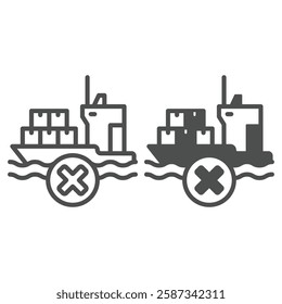 Cargo delivery vessel forbidden line and solid icon, global sanctions concept. Vector graphics. Shipping product prohibited sign on white background, outline style icon for mobile or web design