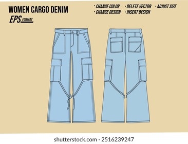 cargo denim wide leg women mockup vector