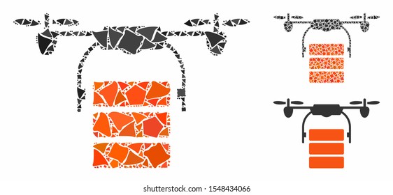 Cargo drone composition of abrupt parts in various sizes and shades, based on cargo drone icon. Vector joggly parts are combined into collage. Cargo drone icons collage with dotted pattern.