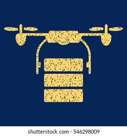 Cargo Drone grainy textured icon for overlay watermark stamps. Flat symbol with unclean texture. Dotted vector yellow ink rubber seal stamp with grunge design on a blue background.