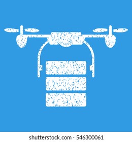 Cargo Drone grainy textured icon for overlay watermark stamps. Flat symbol with scratched texture. Dotted vector white ink rubber seal stamp with grunge design on a blue background.