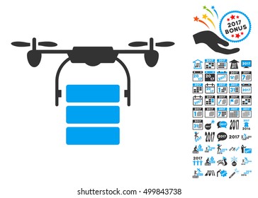 Cargo Drone icon with bonus 2017 new year pictograph collection. Vector illustration style is flat iconic symbols, blue and gray colors, white background.