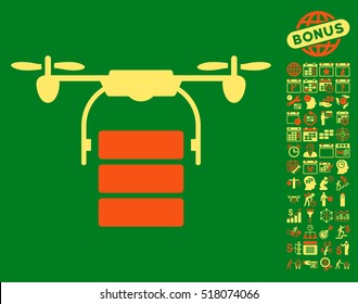 Cargo Drone icon with bonus calendar and time service images. Vector illustration style is flat iconic symbols, orange and yellow colors, green background.