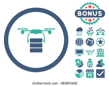 Cargo Drone icon with bonus design elements. Vector illustration style is flat iconic bicolor symbols, cobalt and cyan colors, white background.