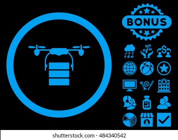 Cargo Drone icon with bonus pictogram. Vector illustration style is flat iconic symbols, blue color, black background.