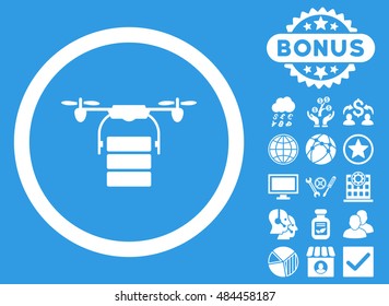 Cargo Drone icon with bonus pictogram. Vector illustration style is flat iconic symbols, white color, blue background.