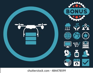 Cargo Drone icon with bonus pictogram. Vector illustration style is flat iconic bicolor symbols, blue and white colors, dark blue background.